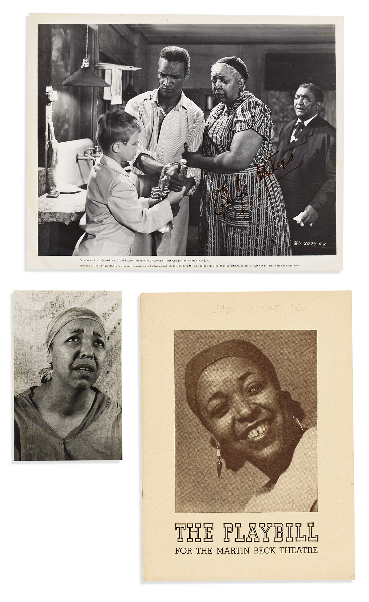 (ENTERTAINMENT.) Ethel Waters: signed photo from "The Member of the Wedding," Van Vechten postcard, and "Cabin in the Sky" program.